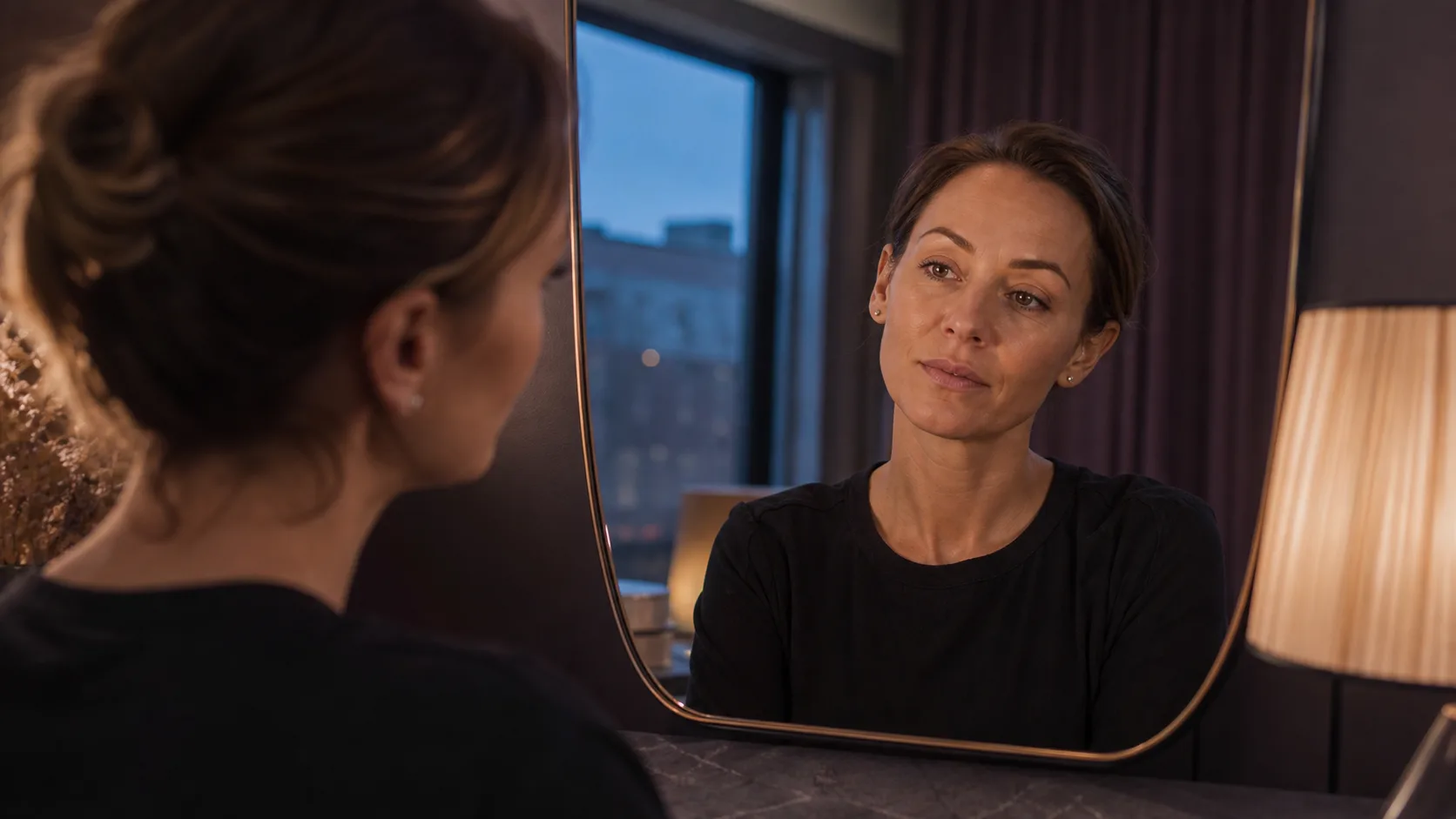 Konstnärlig spegelbild om asymmetri efter botox och lugn uppföljning av ett ojämnt resultat.