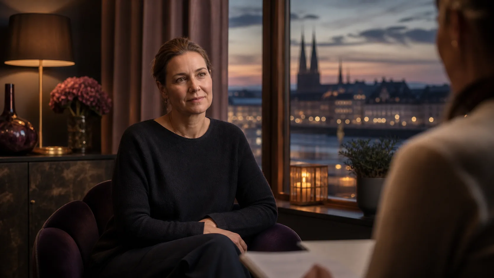 Konstnärlig Uppsalabild om första konsultation inför botox med lugn klinikmiljö och historisk stadsfond.