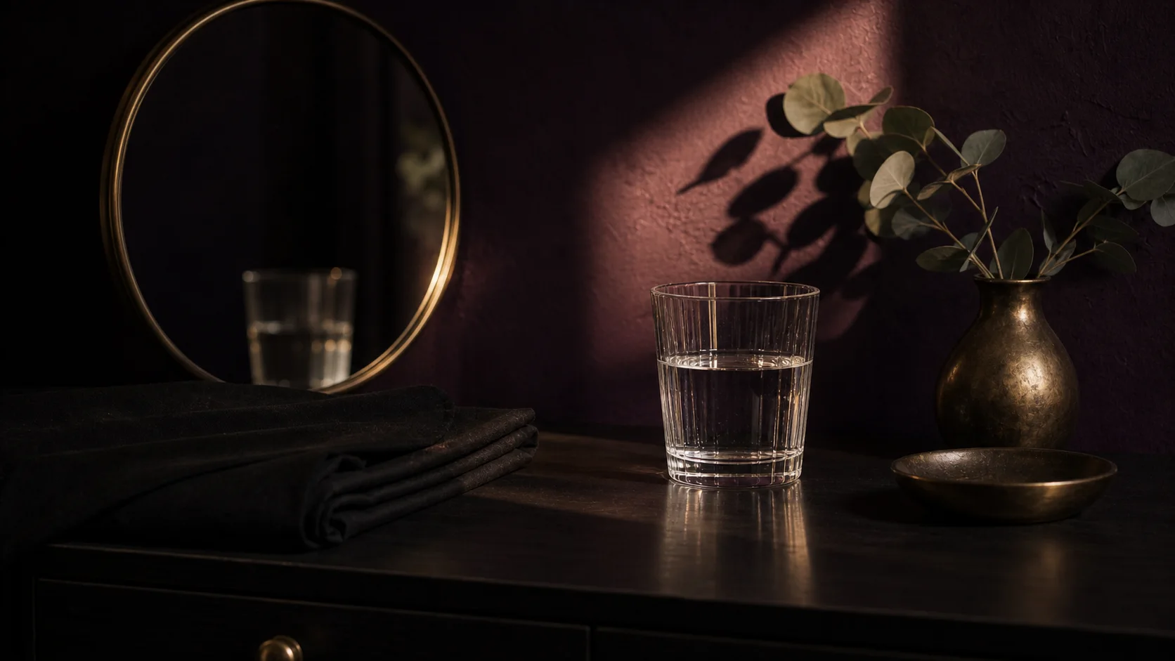 Konstnärlig stillebenbild om eftervård första gången botox med vatten, spegel och stilla morgonljus.
